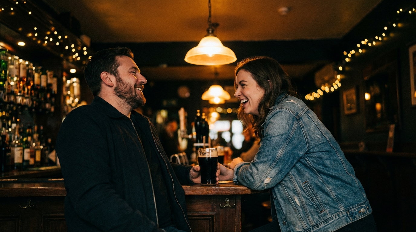 Confident man talking to a woman at a bar
